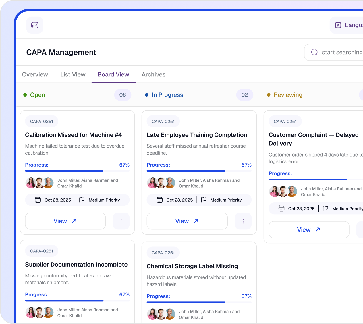 CAPA Management Dashboard - Board View showing Open, In Progress, and Reviewing columns with task cards